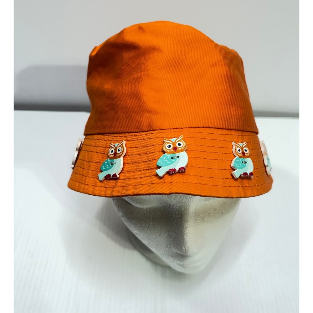 Orange Bucket Hat with Decorative Owl Buttons Women Novelty Whimsical Accessory